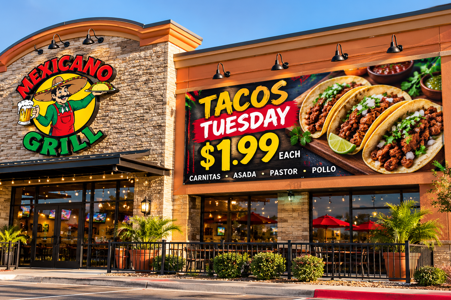 Large 8 ft by 16 ft Taco Tuesday restaurant banner installed on a building