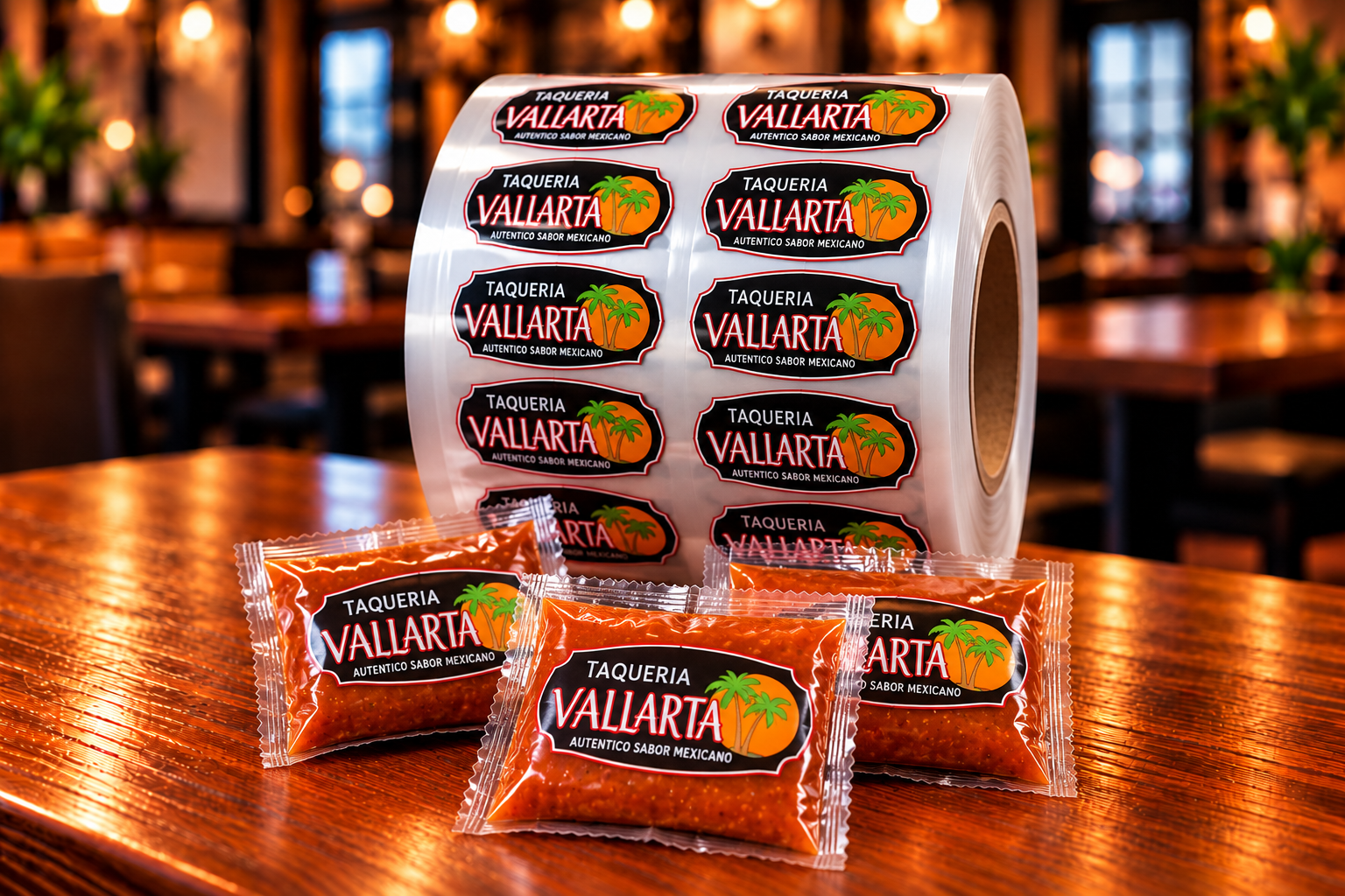 Custom printed restaurant film for salsa and sauce