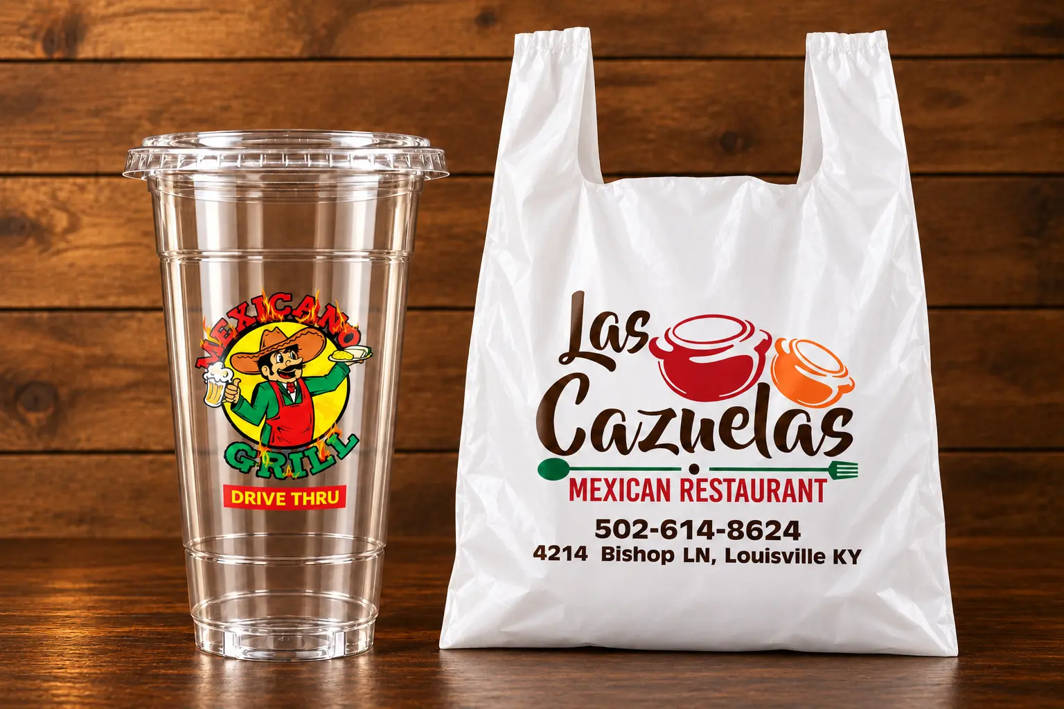 Empty Mexicano Grill PET cup and Las Cazuelas takeout bag on a warm wood setting