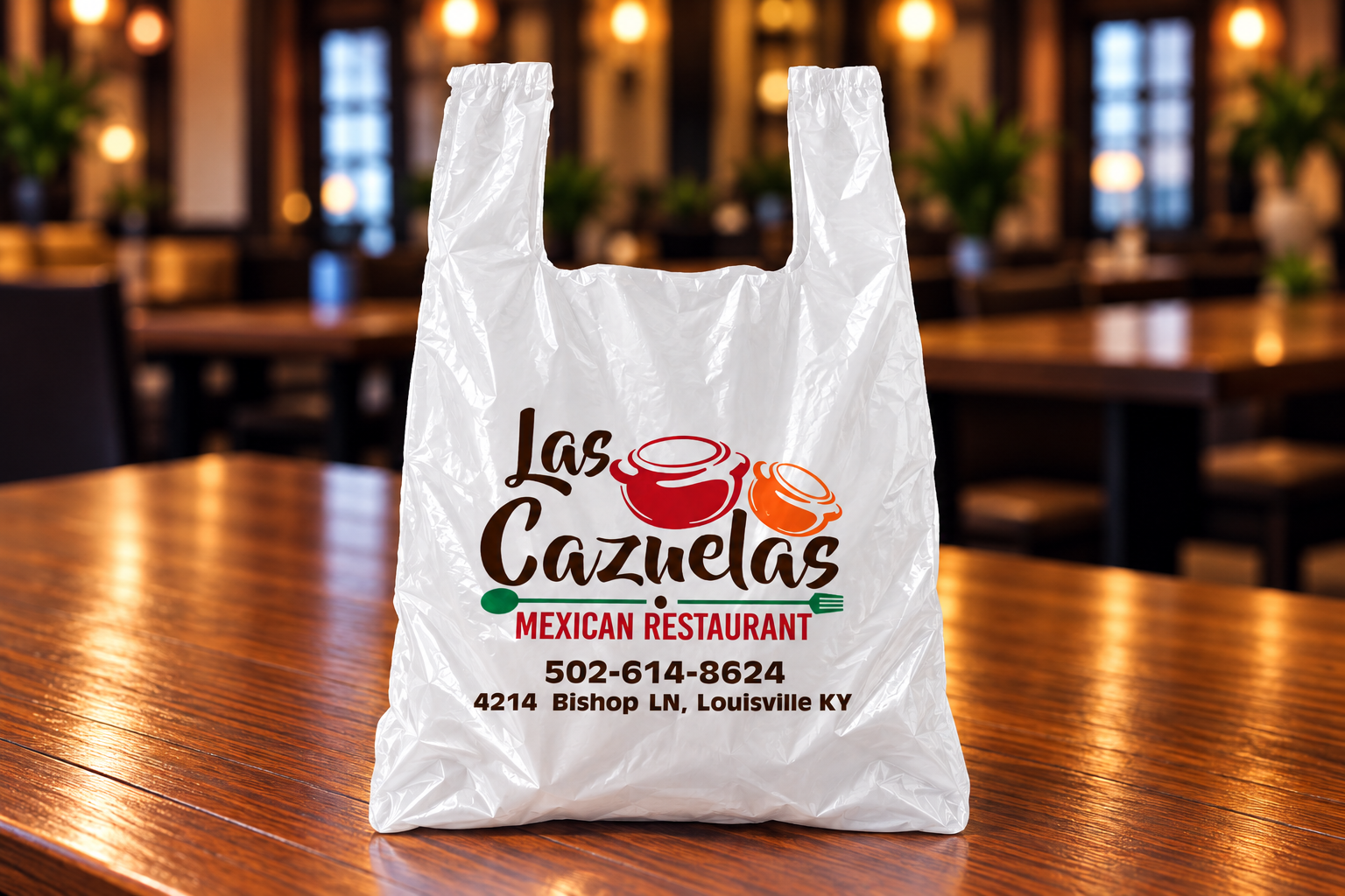 Custom-printed white plastic T-shirt restaurant bag