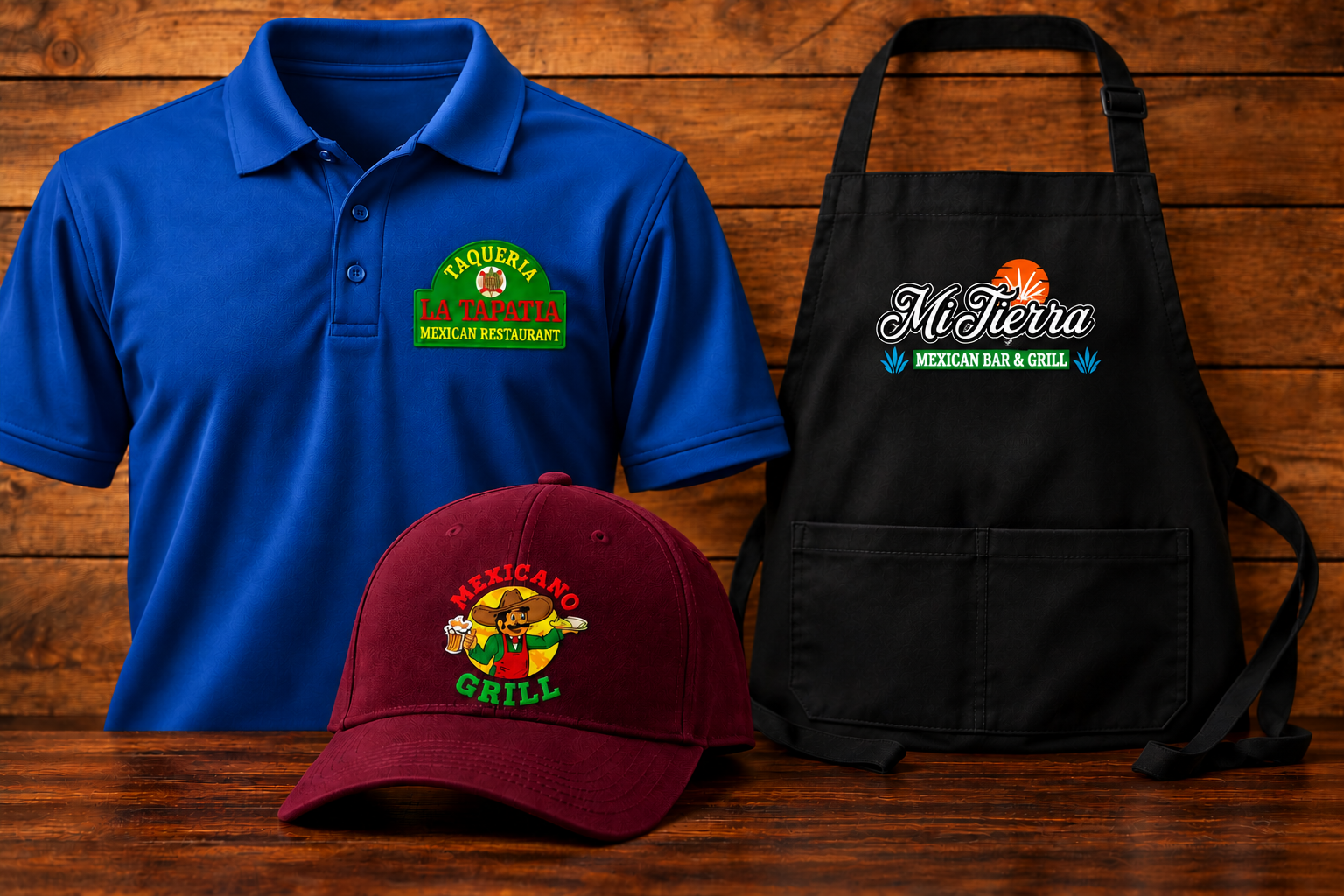 La Tapatia branded polo shirts, cap, coffee mug and tumbler