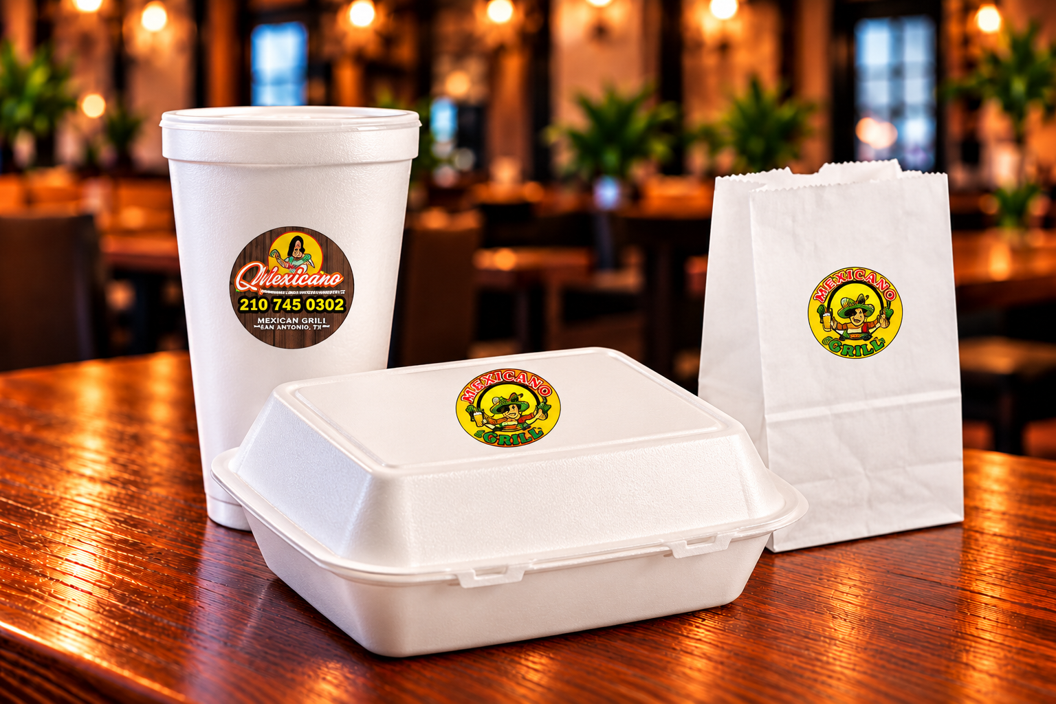 Custom restaurant logo stickers on cups, bags, and food containers