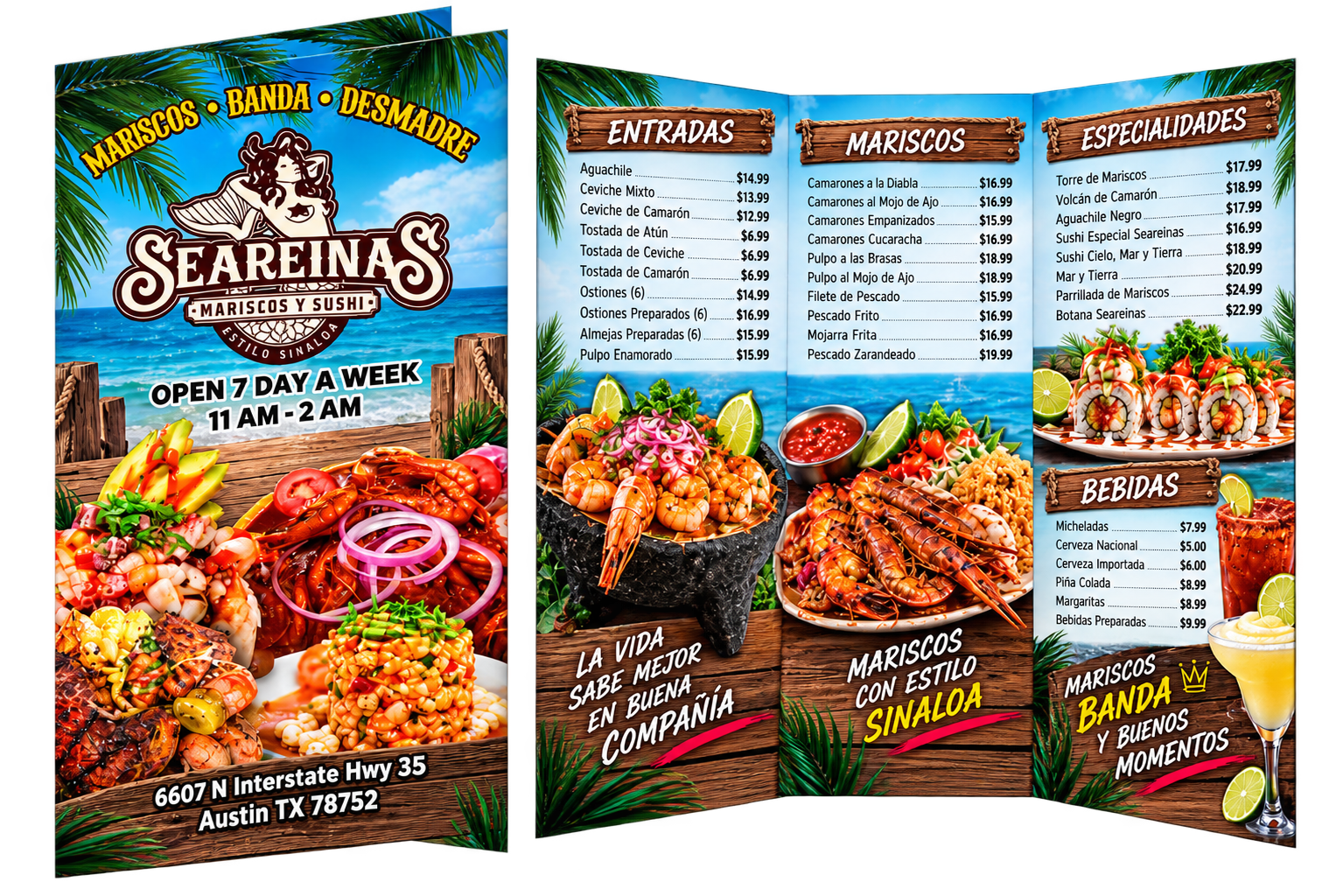 Las Sirenas tri-fold waterproof menu