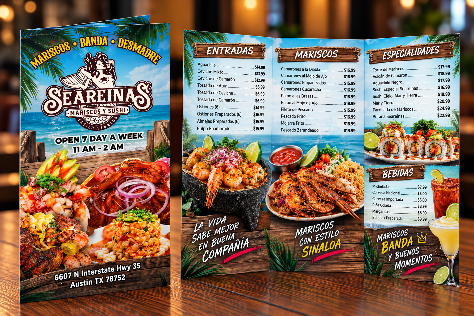 Las Sirenas tri-fold waterproof menu