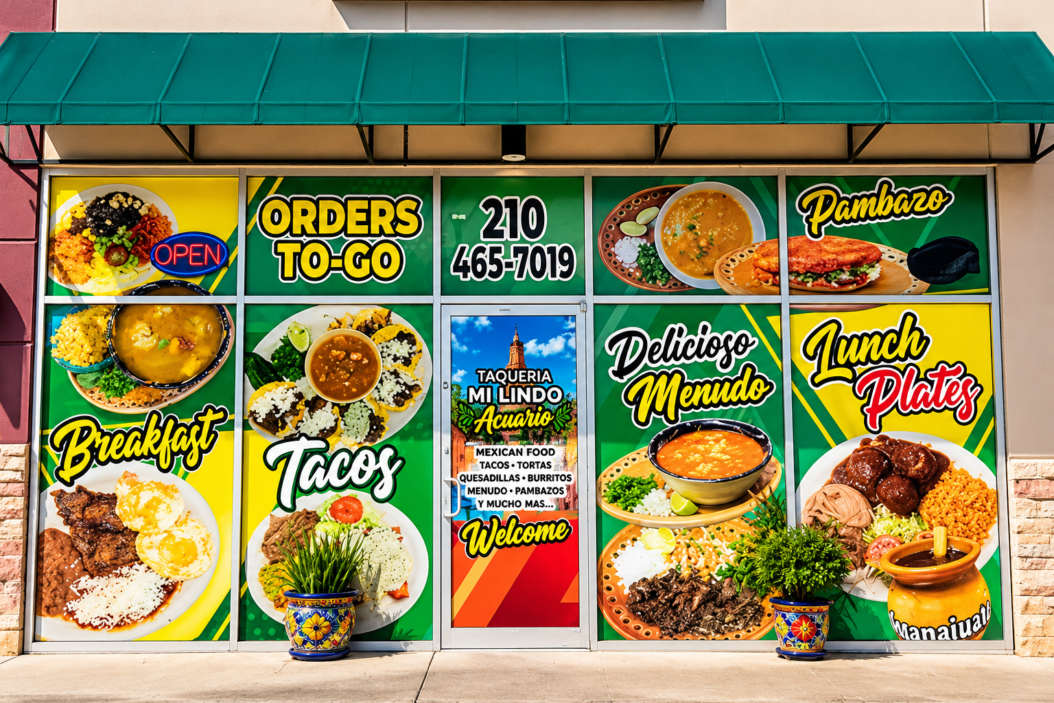 Full-color restaurant storefront window graphics featuring food promotions